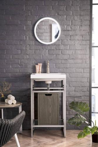 Boston 2022 Stainless Steel Sink Console Brushed Nickel w Ash Gray Storage Cabinet White Glossy Resin Countertop